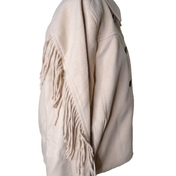 🆕ANN TAYLOR Fringe Bomber Jacket Wool Blend Lined Beige Medium - Picture 7 of 11